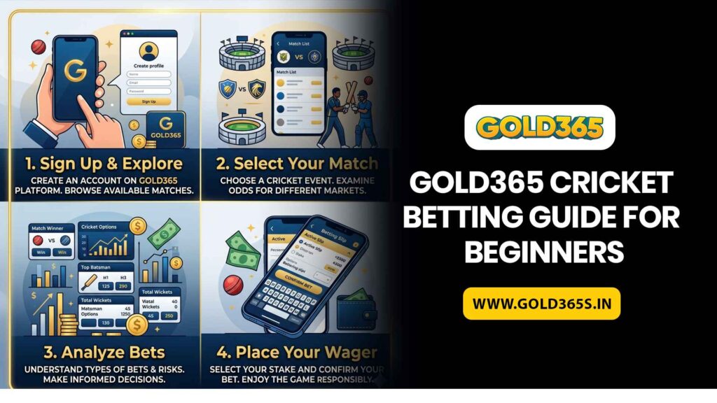 Beginner cricket betting guide showing laptop with Gold365 platform and live match stats